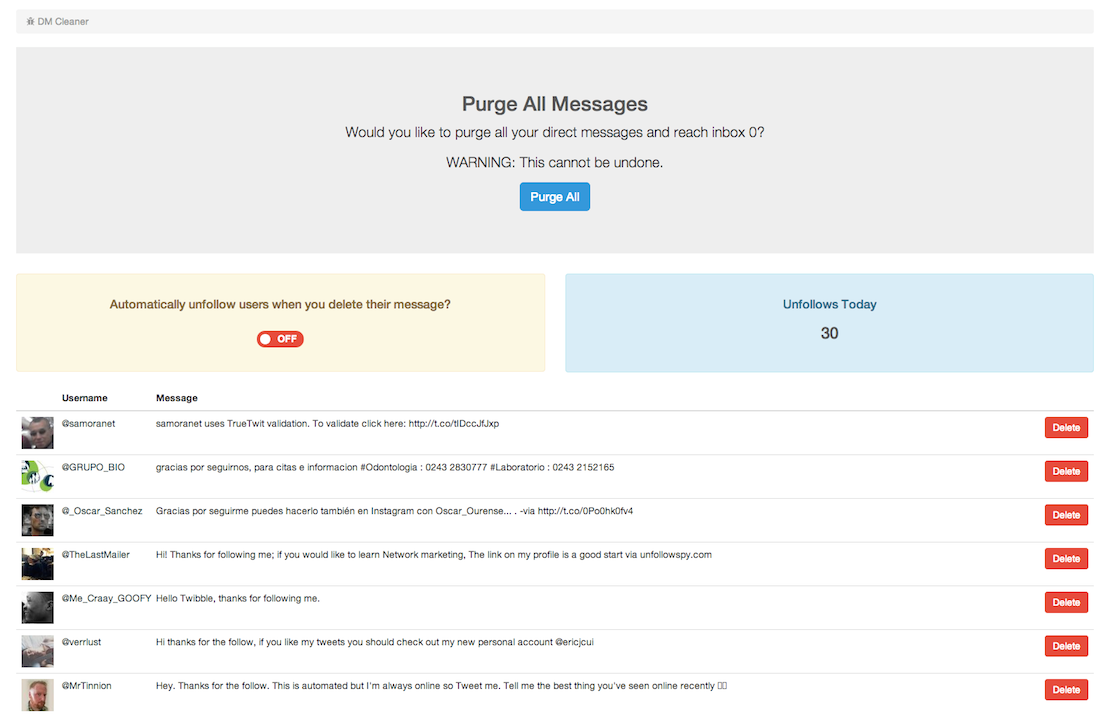 Twibble DM Cleaner Bulk Delete Twitter Direct Messages